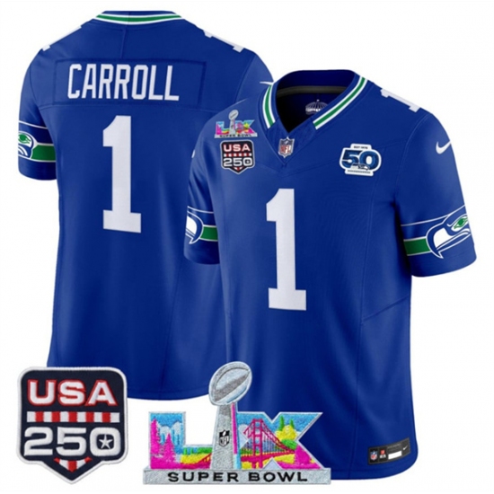 Men's Seattle Seahawks #1 Pete Carroll Royal 2025 F.U.S.E. Super Bowl LX And 50th Season & USA 250 Vapor Throwback Limited Football Stitched Jersey - Ujersey