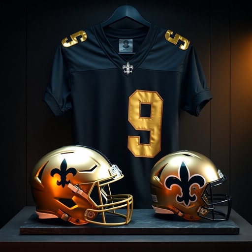 A classic black and gold New Orleans Saints football jersey next to a metallic gold helmet with the Fleur-de-lis logo.