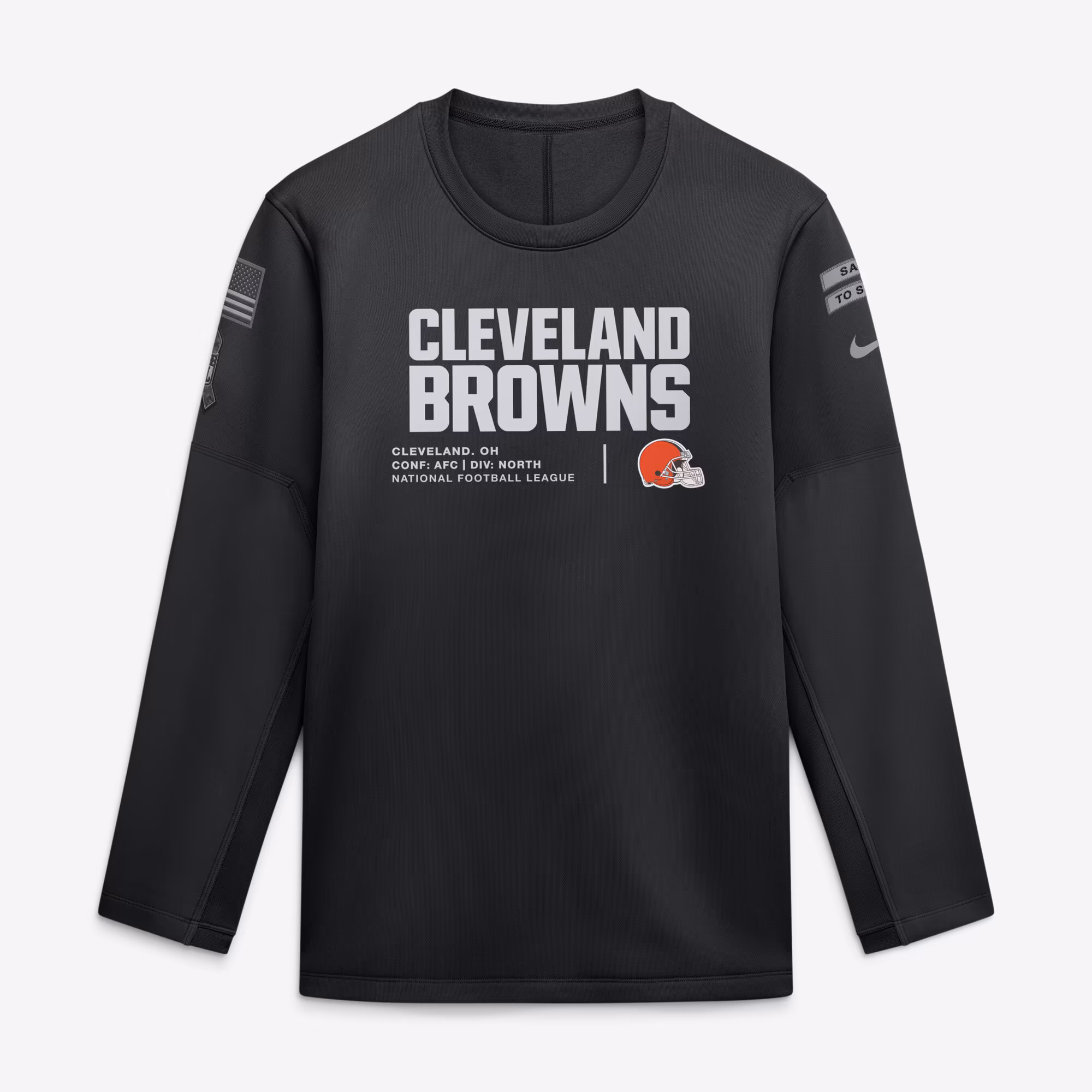 Men's Cleveland Browns  Nike Black 2026 Salute to Service Sideline Coaches Crewneck Therma-FIT Sweatshirt - Ujersey