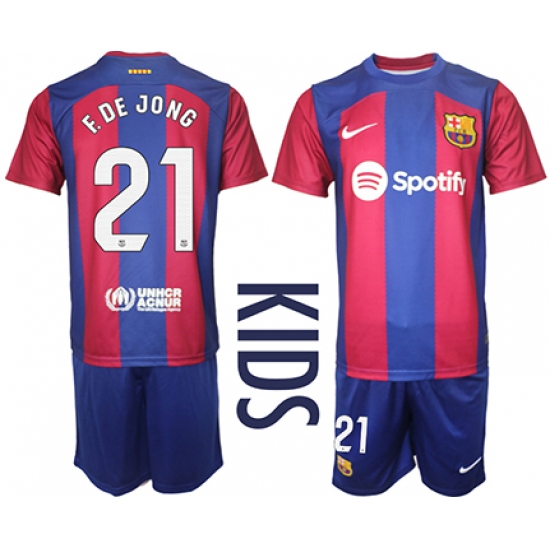 Youth Barcelona #21 F.De Jong Blue Red 2023-24 Home Soccer Jersey