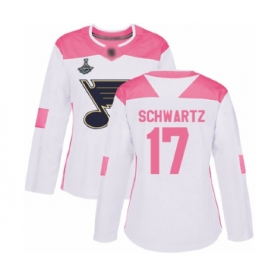 Women's St. Louis Blues #17 Jaden Schwartz Authentic White Pink Fashion 2019 Stanley Cup Champions Hockey Jersey - Ujersey