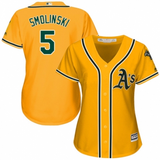 Women's Majestic Oakland Athletics #5 Jake Smolinski Authentic Gold Alternate 2 Cool Base MLB Jersey - Ujersey