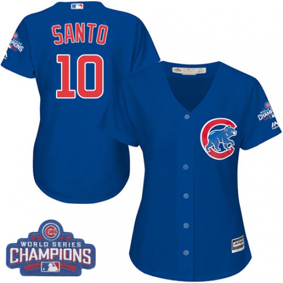 Women's Majestic Chicago Cubs #10 Ron Santo Authentic Royal Blue Alternate 2016 World Series Champions Cool Base MLB Jersey - Ujersey