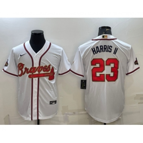 Men's Atlanta Braves #23 Michael Harris II White Gold World Series Champions Program Cool Base Stitched Baseball Jersey - Ujersey