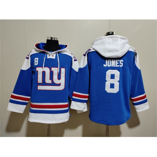 Men's New York Giants #8 Daniel Jones Blue Ageless Must-Have Lace-Up Pullover Hoodie - Ujersey