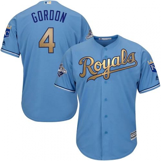 Youth Majestic Kansas City Royals #4 Alex Gordon Authentic Light Blue 2015 World Series Champions Gold Program Cool Base MLB Jersey - Ujersey