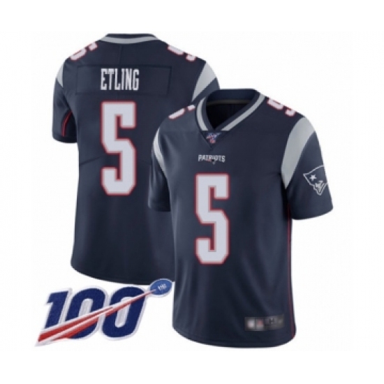 Men's New England Patriots #5 Danny Etling Navy Blue Team Color Vapor Untouchable Limited Player 100th Season Football Jersey - Ujersey