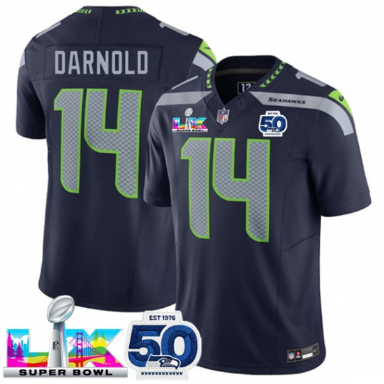 Men's Seattle Seahawks #14 Sam Darnold Navy 2025 F.U.S.E. Super Bowl LX And 50th Season Vapor Limited Football Stitched Jersey - Ujersey