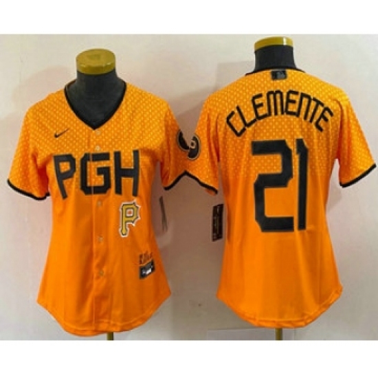 Women's Pittsburgh Pirates #21 Roberto Clemente Yellow 2023 City Connect Stitched Jersey1 - Ujersey
