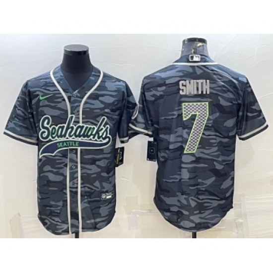 Men's Seattle Seahawks #7 Geno Smith Grey Camo With Patch Cool Base Stitched Baseball Jersey - Ujersey