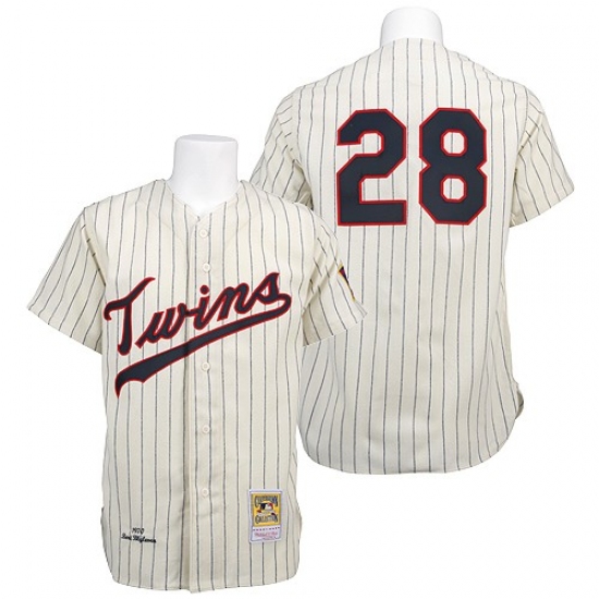 Men's Mitchell and Ness 1970 Minnesota Twins #28 Bert Blyleven Replica Cream Throwback MLB Jersey - Ujersey