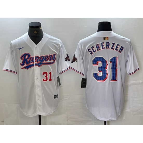 Men's Texas Rangers #31 Max Scherzer Number White 2023 World Series Champions Cool Base Jersey - Ujersey