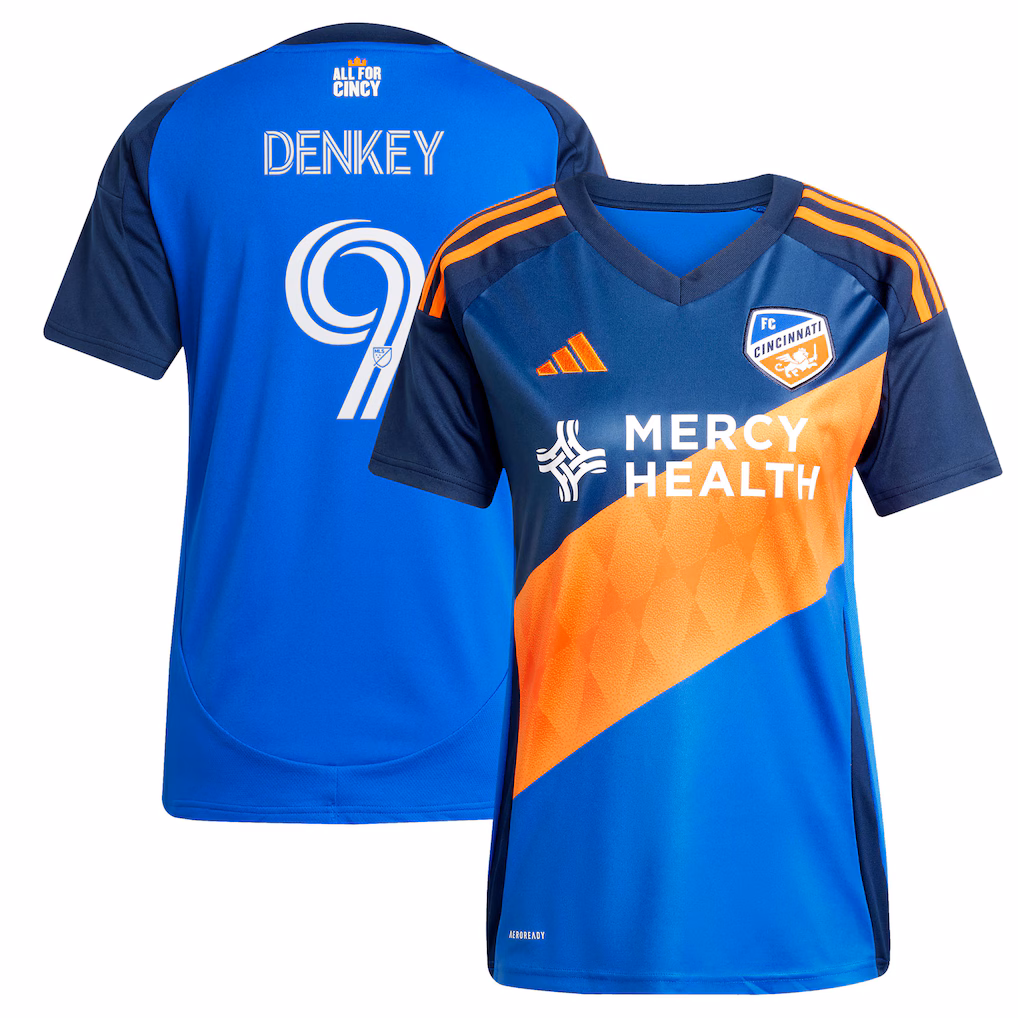 Women's FC Cincinnati Kévin Denkey adidas Blue 2025 Orange and Blue Legacy Kit Replica Player Jersey - Ujersey NHL