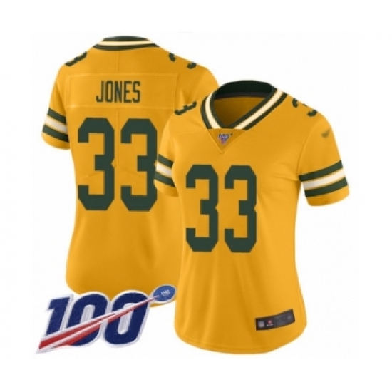 Women's Green Bay Packers #33 Aaron Jones Limited Gold Inverted Legend 100th Season Football Jersey