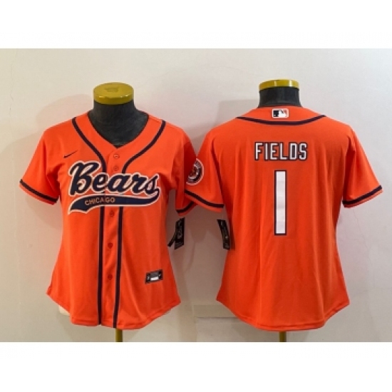Women's Chicago Bears #1 Justin Fields Orange With Patch Cool Base Stitched Baseball Jersey - Ujersey