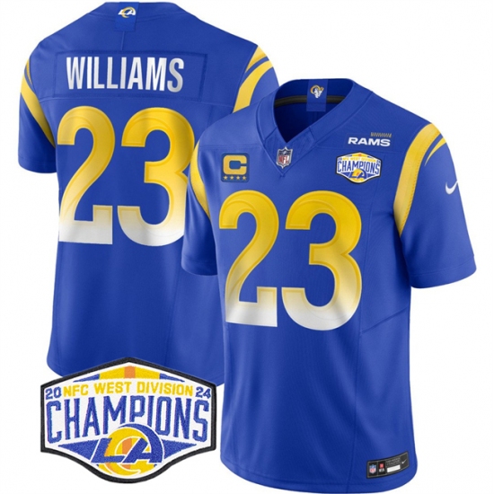 Men's Los Angeles Rams #23 Kyren Williams Blue 2024 NFC West Champions With 4-Star C F.U.S.E. Vapor Untouchable Stitched Football Jersey - Ujersey