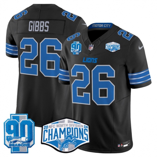 Men's Detroit Lions #26 Jahmyr Gibbs Black 2024 NFC North Champions 90th Anniversary F.U.S.E. Vapor Limited Stitched Jersey - Ujersey