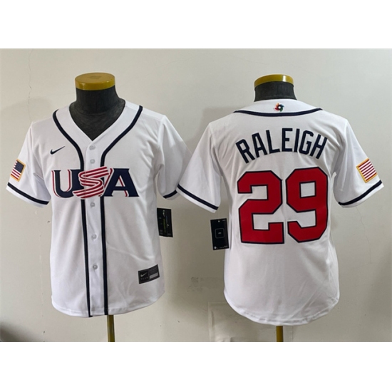Youth USA Baseball #29 Cal Raleigh White 2026 World Baseball Classic Home Stadium Stitched Baseball Jersey