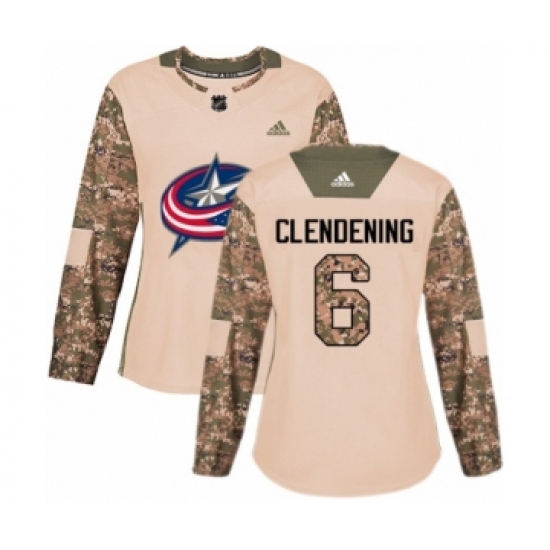 Women's Adidas Columbus Blue Jackets #6 Adam Clendening Authentic Camo Veterans Day Practice NHL Jersey - Ujersey