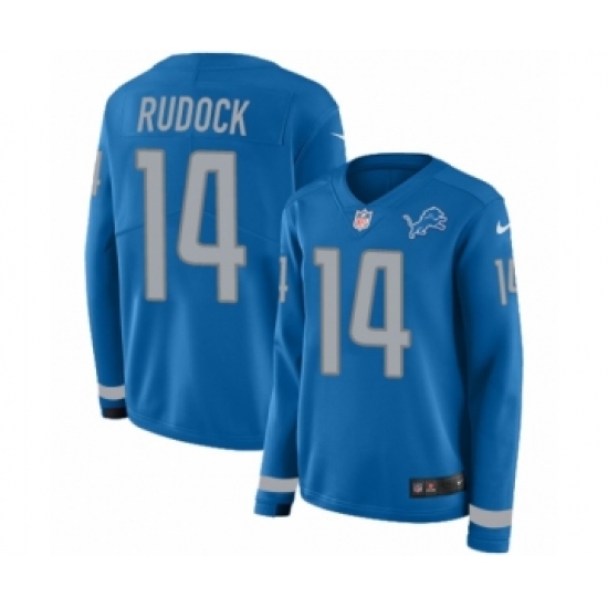 Women's Nike Detroit Lions #14 Jake Rudock Limited Blue Therma Long Sleeve NFL Jersey - Ujersey