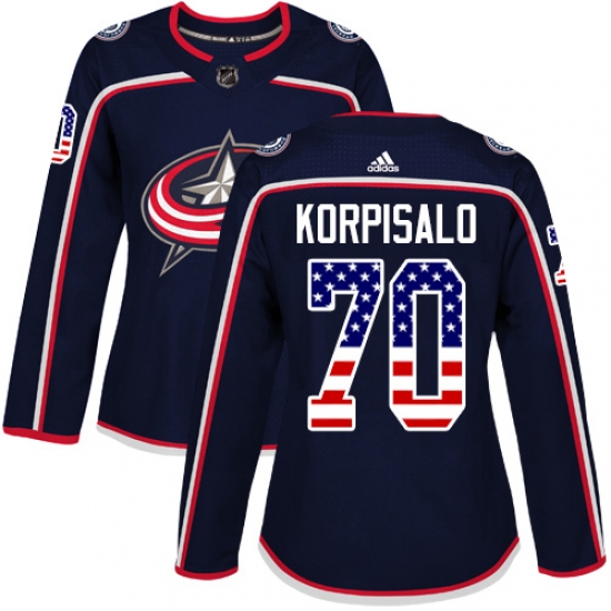 Women's Adidas Columbus Blue Jackets #70 Joonas Korpisalo Authentic Navy Blue USA Flag Fashion NHL Jersey