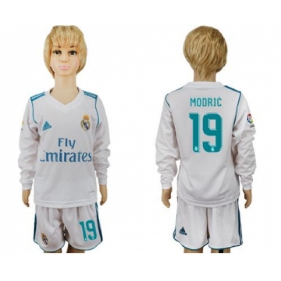 Real Madrid #19 Modric Home Long Sleeves Kid Soccer Club Jersey
