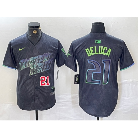 Men's Tampa Bay Rays #21 Jonny DeLuca Number Charcoal 2024 City Connect Limited Stitched Jerseys - ujerseystore