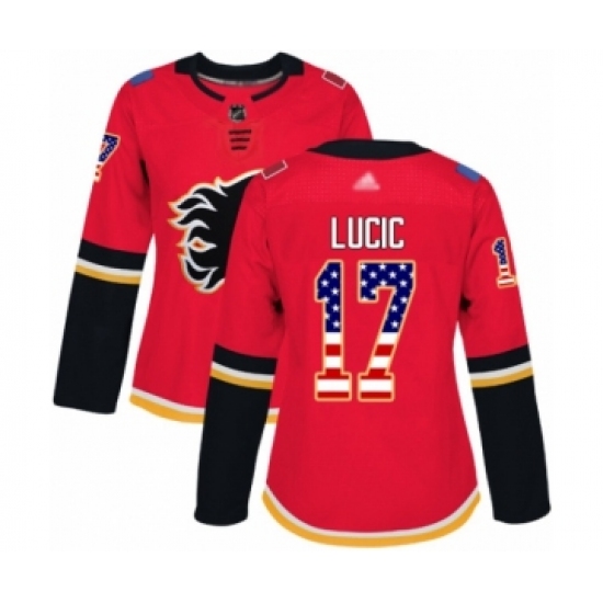 Women's Calgary Flames #17 Milan Lucic Authentic Red USA Flag Fashion Hockey Jersey - Ujersey