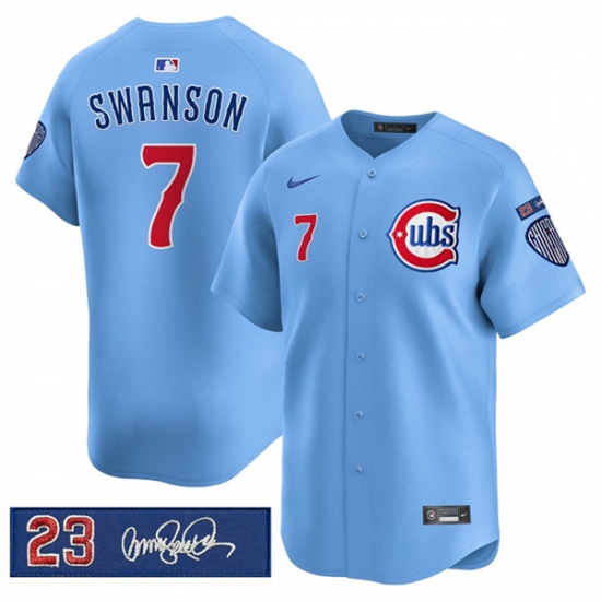 Men's Chicago Cubs #7 Dansby Swanson Blue 'Ryne Sandberg Tribute' Vapor Limited V3 Stitched Baseball Jersey - Ujersey