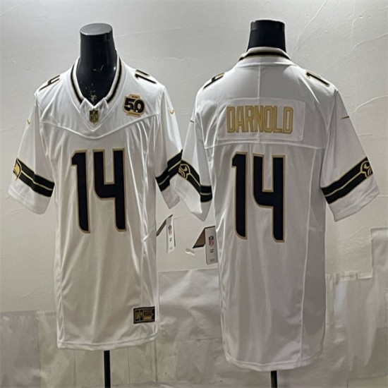 Men's Seattle Seahawks #14 Sam Darnold White Gold 2025 F.U.S.E. 50th Season Vapor Limited Stitched Football Jersey