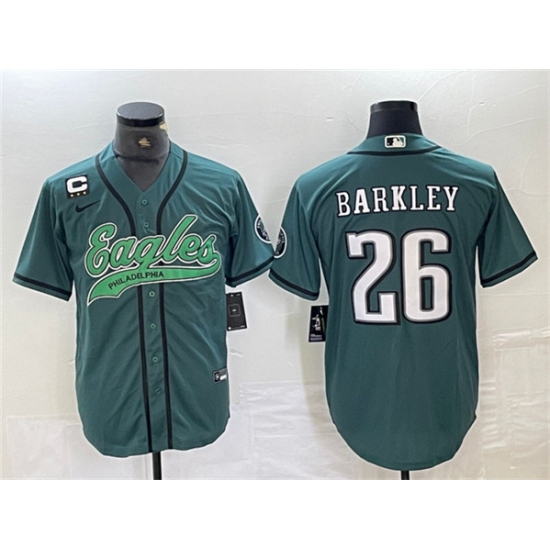 Men's Philadelphia Eagles #26 Saquon Barkley Green With 3-star C Cool Base Baseball Stitched Jerseys - Ujersey