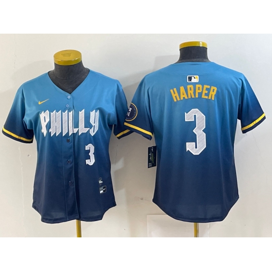 Women's Philadelphia Phillies #3 Bryce Harper Number Blue 2024 City Connect Limited Stitched Jerseys - Ujersey