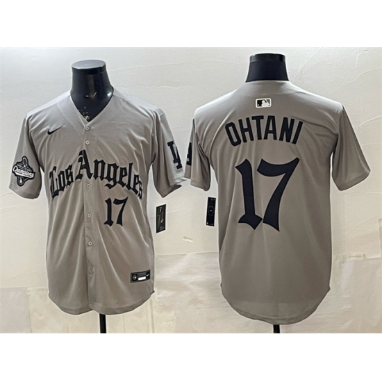 Men's Los Angeles Dodgers #17 Shohei Ohtani Grey LA Gothic Style With 2025 World Series Champions Limited Stitched Baseball Jersey - Ujersey