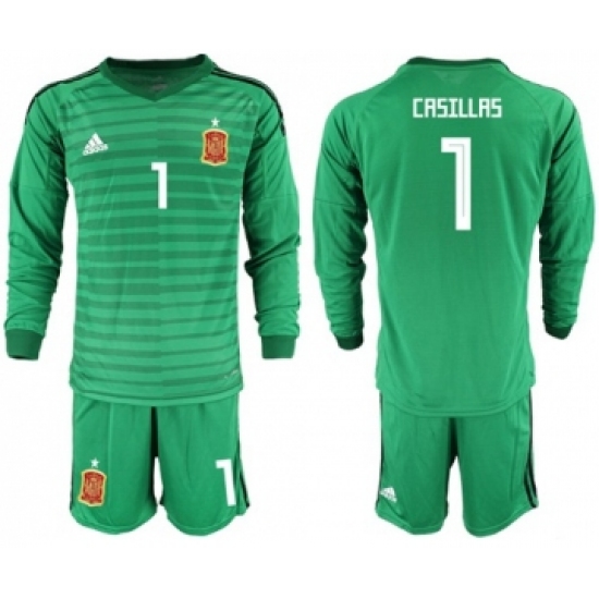 Spain #1 Casillas Green Long Sleeves Goalkeeper Soccer Country Jersey