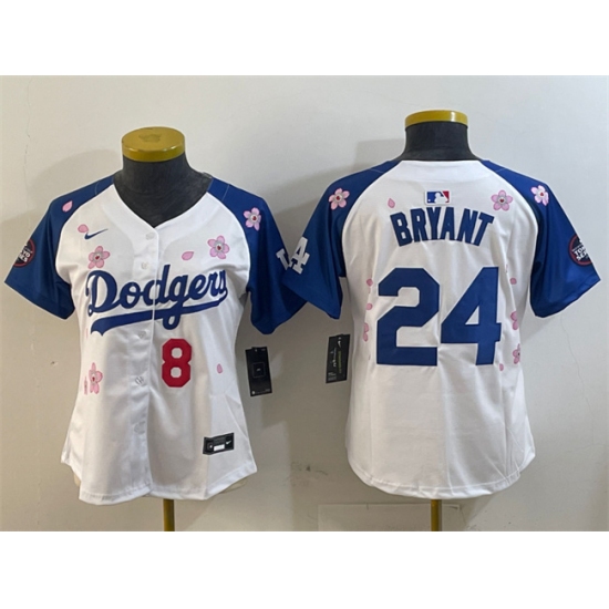 Women's Los Angeles Dodgers Front #8 Back #24 Kobe Bryant White Royal 2025 Tokyo Series Limited Stitched Baseball Jersey(Run Small) - Ujersey
