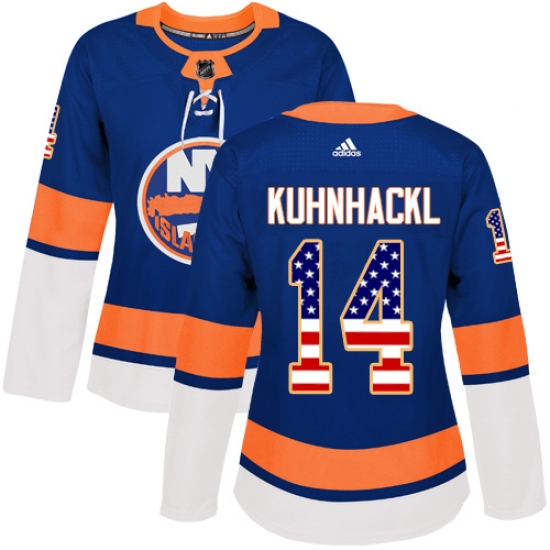 Women's Adidas New York Islanders #14 Tom Kuhnhackl Authentic Royal Blue USA Flag Fashion NHL Jersey - Ujersey