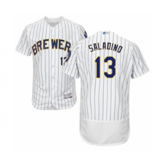 Men's Milwaukee Brewers #13 Tyler Saladino White Home Flex Base Authentic Collection Baseball Player Jersey - Ujersey