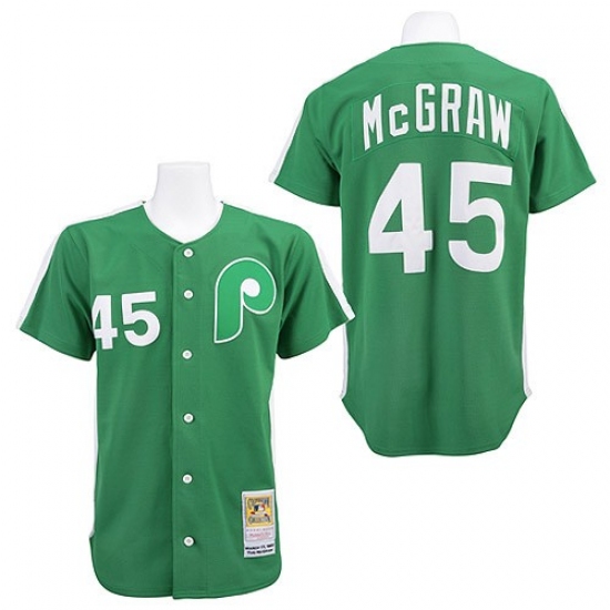 Men's Mitchell and Ness Philadelphia Phillies #45 Tug McGraw Replica Green Throwback MLB Jersey - Ujersey