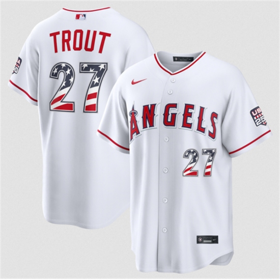 Men's Los Angeles Angels #27 Mike Trout 2026 White USA 250 Fourth of July Home Stadium Stitched Baseball Jersey - Ujersey