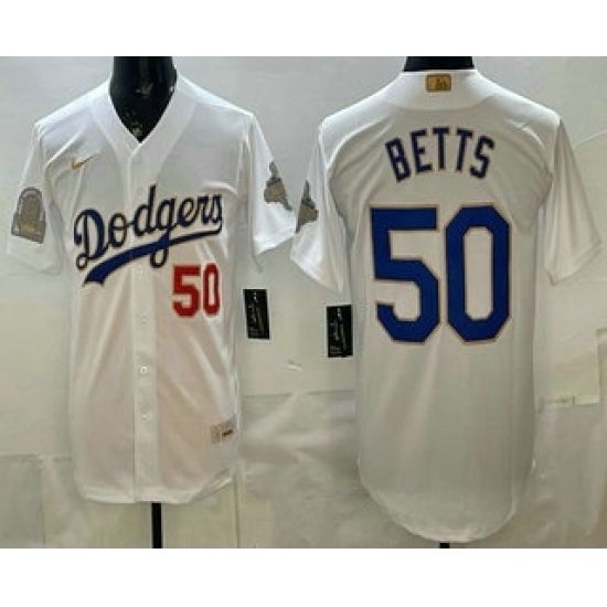 Men's Los Angeles Dodgers #50 Mookie Betts White Gold World Series Champions Collection Limited Jersey - Ujersey