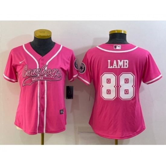 Women's Dallas Cowboys #88 CeeDee Lamb Pink With Patch Cool Base Stitched Baseball Jersey - Ujersey