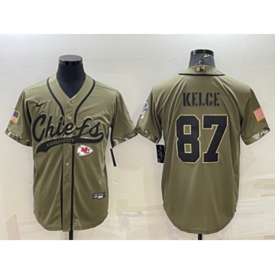 Men's Kansas City Chiefs #87 Travis Kelce 2022 Olive Salute to Service Cool Base Stitched Baseball Jersey - Ujersey