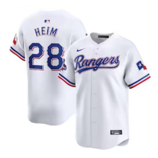 Men's Texas Rangers #28 Jonah Heim Nike White Home 2023 World Series Champions Limited Jersey
