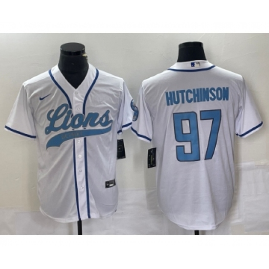 Men's Nike Detroit Lions #97 Aidan Hutchinson White Cool Base Stitched Baseball Jersey - Ujersey
