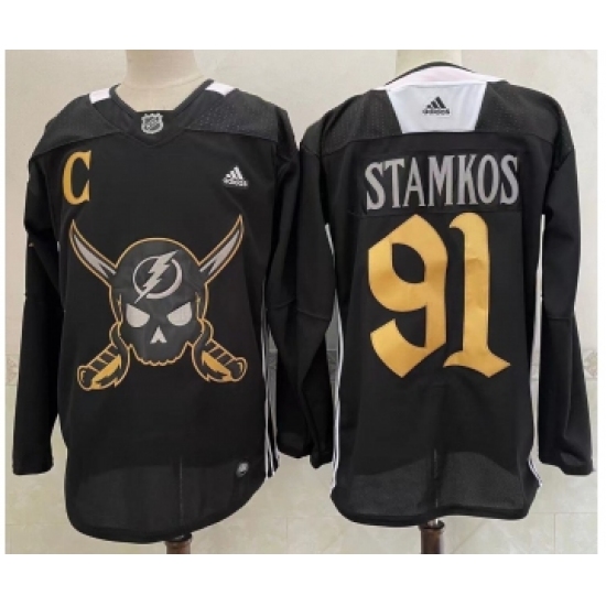 Men's Tampa Bay Lightning #91 Steven Stamkos Black Pirate Themed Warmup Authentic Jersey - Ujersey