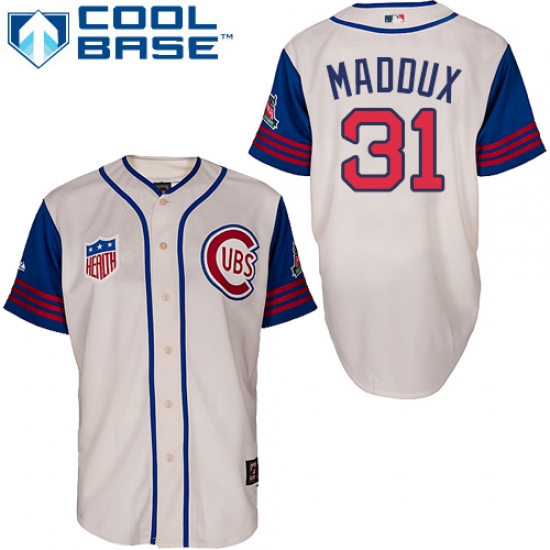 Men's Majestic Chicago Cubs #31 Greg Maddux Authentic Cream/Blue 1942 Turn Back The Clock MLB Jersey - Ujersey
