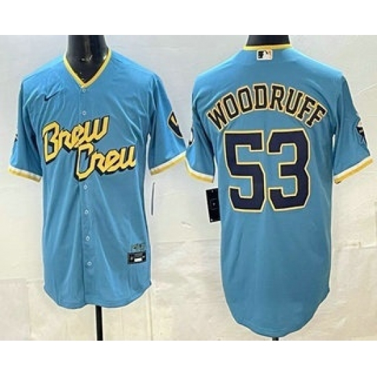 Men's Milwaukee Brewers #53 Brandon Woodruff Powder Blue 2022 City Connect Cool Base Jersey - Ujersey