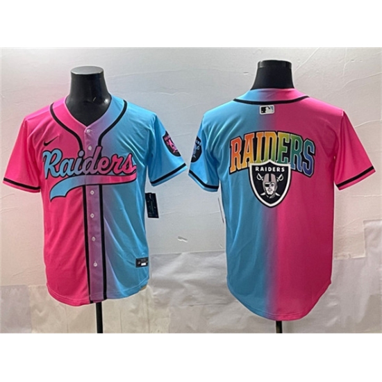 Men's Las Vegas Raiders Team Big Logo Pink Blue Limited Stitched Baseball Jersey - Ujersey