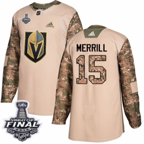 Men's Adidas Vegas Golden Knights #15 Jon Merrill Authentic Camo Veterans Day Practice 2018 Stanley Cup Final NHL Jersey - Ujersey