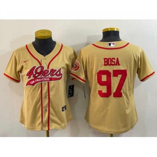 Women's San Francisco 49ers #97 Nick Bosa Gold With Patch Cool Base Stitched Baseball Jersey - Ujersey